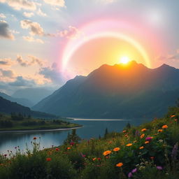 A stunning landscape depicting an otherworldly halo over a serene mountain range, with ethereal light radiating in a spectrum of colors, creating a magical atmosphere