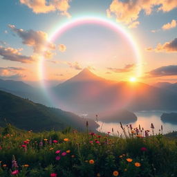 A stunning landscape depicting an otherworldly halo over a serene mountain range, with ethereal light radiating in a spectrum of colors, creating a magical atmosphere