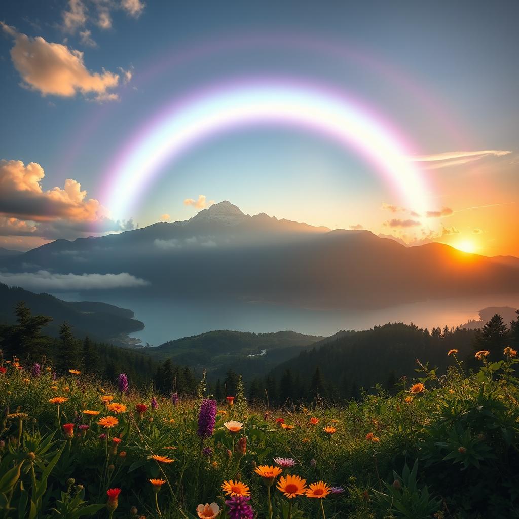 A stunning landscape depicting an otherworldly halo over a serene mountain range, with ethereal light radiating in a spectrum of colors, creating a magical atmosphere