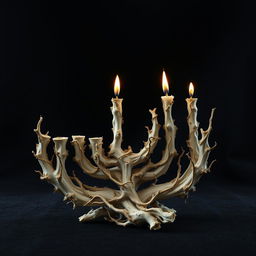 A surreal and artistic representation of a Hanukkah candle, intricately designed to resemble a traditional menorah style, crafted from organic textures and materials that evoke a sense of life and death intermingling