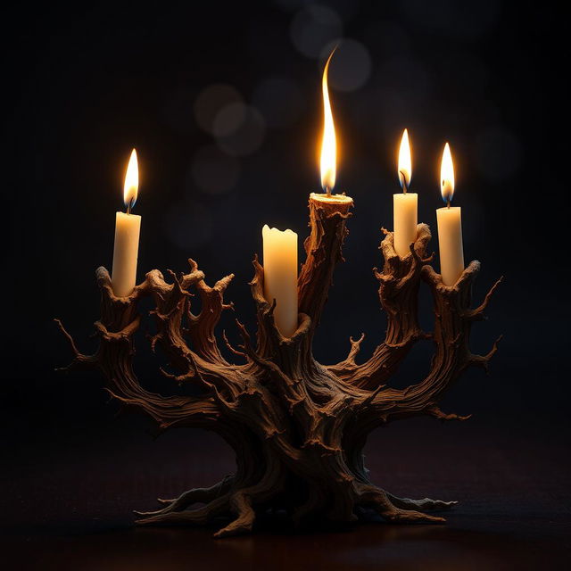 A surreal and artistic representation of a Hanukkah candle, intricately designed to resemble a traditional menorah style, crafted from organic textures and materials that evoke a sense of life and death intermingling