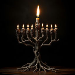 A surreal and artistic representation of a Hanukkah candle, intricately designed to resemble a traditional menorah style, crafted from organic textures and materials that evoke a sense of life and death intermingling
