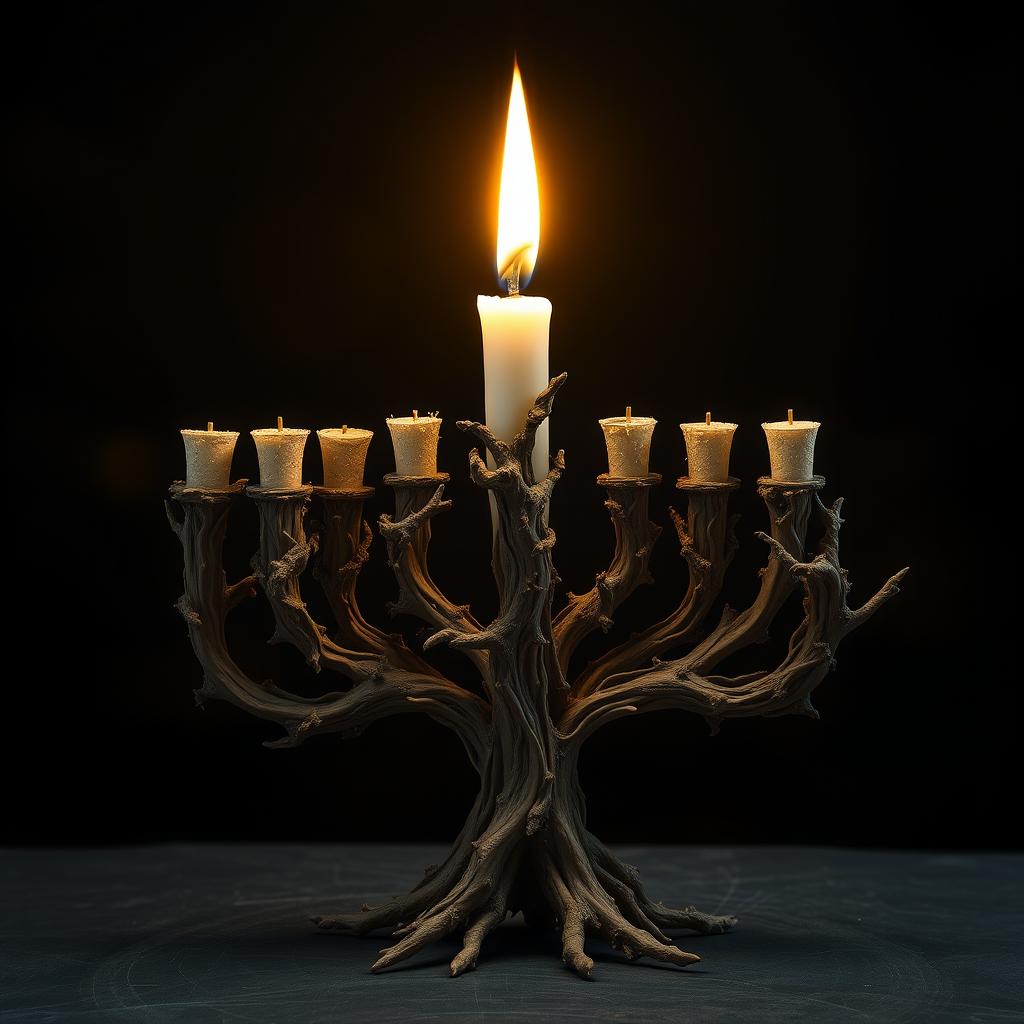 A surreal and artistic representation of a Hanukkah candle, intricately designed to resemble a traditional menorah style, crafted from organic textures and materials that evoke a sense of life and death intermingling