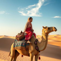 An Arab girl riding a camel on a journey through the picturesque desert landscape