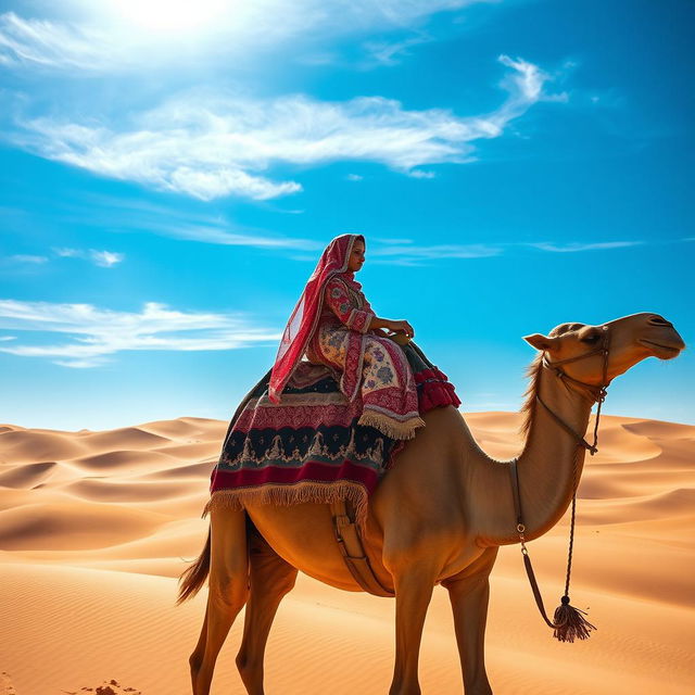 An Arab girl riding a camel on a journey through the picturesque desert landscape