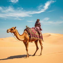 An Arab girl riding a camel on a journey through the picturesque desert landscape