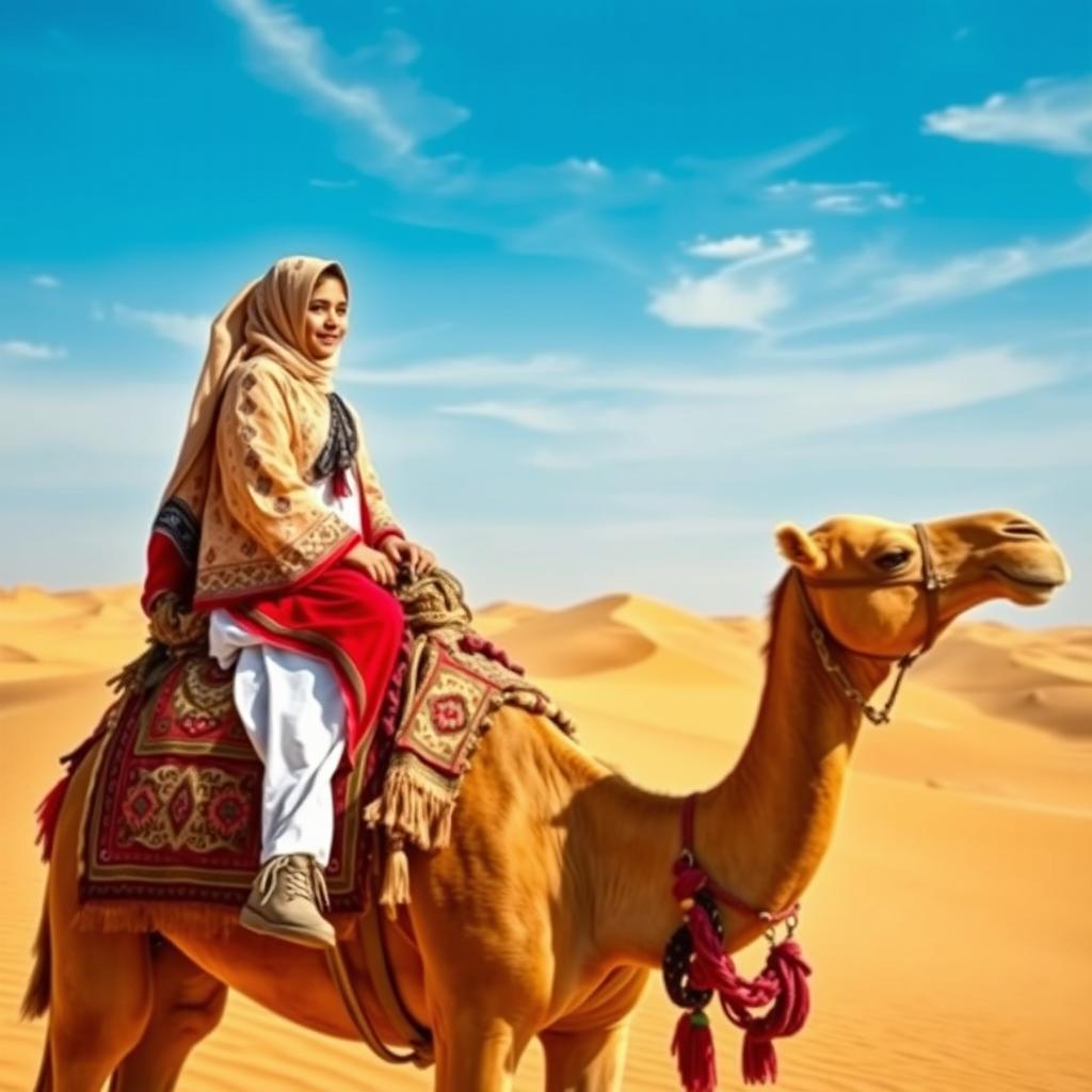 An Arab girl riding a camel on a journey through the picturesque desert landscape