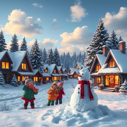 A beautiful winter landscape on Christmas Day, featuring a charming snow-covered village with cozy cottages adorned with colorful holiday lights