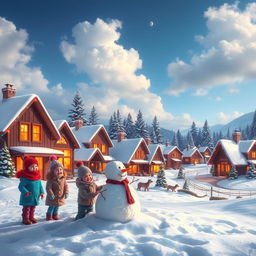 A beautiful winter landscape on Christmas Day, featuring a charming snow-covered village with cozy cottages adorned with colorful holiday lights