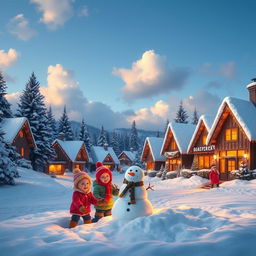 A beautiful winter landscape on Christmas Day, featuring a charming snow-covered village with cozy cottages adorned with colorful holiday lights