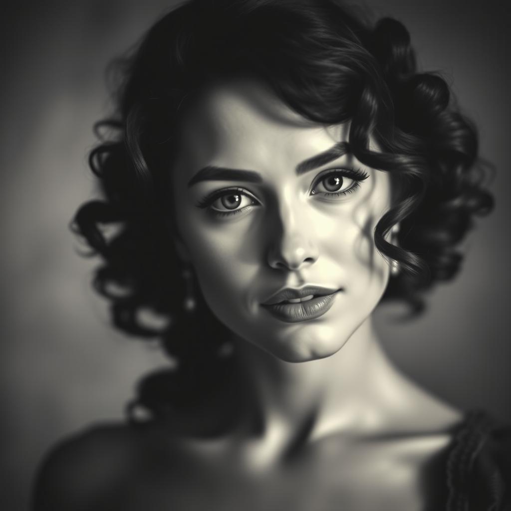 A beautiful portrait of a woman with curly hair in a vintage black and white style, showcasing intricate details in her expression and clothing