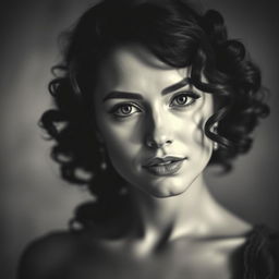 A beautiful portrait of a woman with curly hair in a vintage black and white style, showcasing intricate details in her expression and clothing