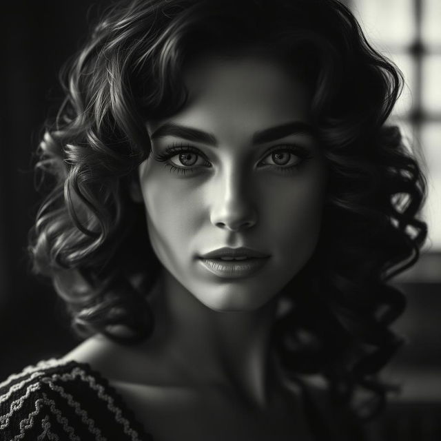 A beautiful portrait of a woman with curly hair in a vintage black and white style, showcasing intricate details in her expression and clothing