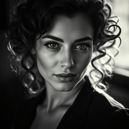 A beautiful portrait of a woman with curly hair in a vintage black and white style, showcasing intricate details in her expression and clothing