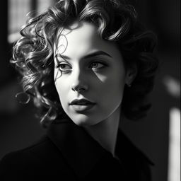 A beautiful portrait of a woman with curly hair in a vintage black and white style, showcasing intricate details in her expression and clothing