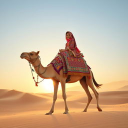 An Arab girl riding a camel on a journey through the vast desert landscape
