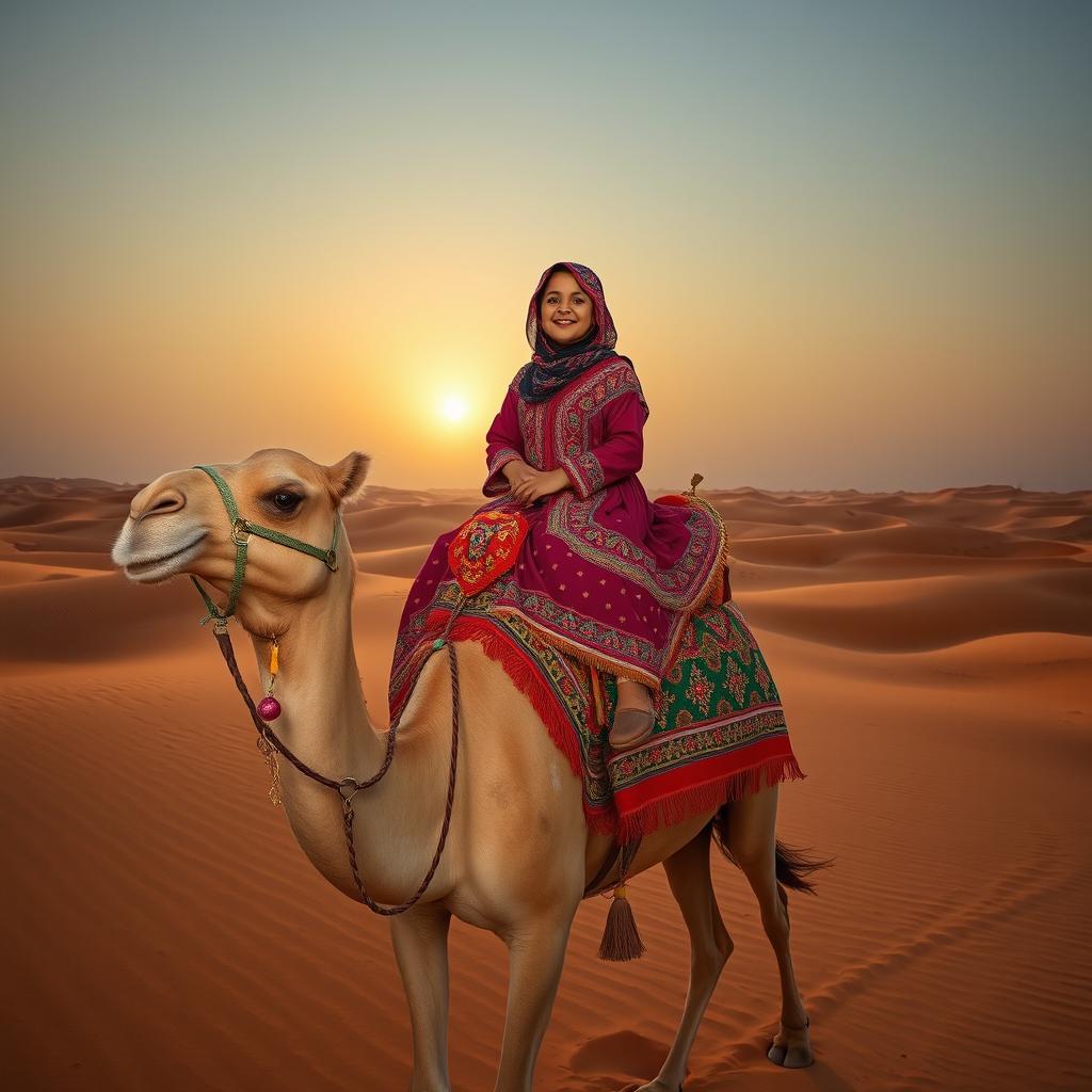 An Arab girl riding a camel on a journey through the vast desert landscape