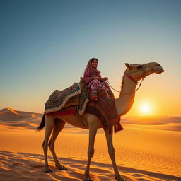 An Arab girl riding a camel on a journey through the vast desert landscape