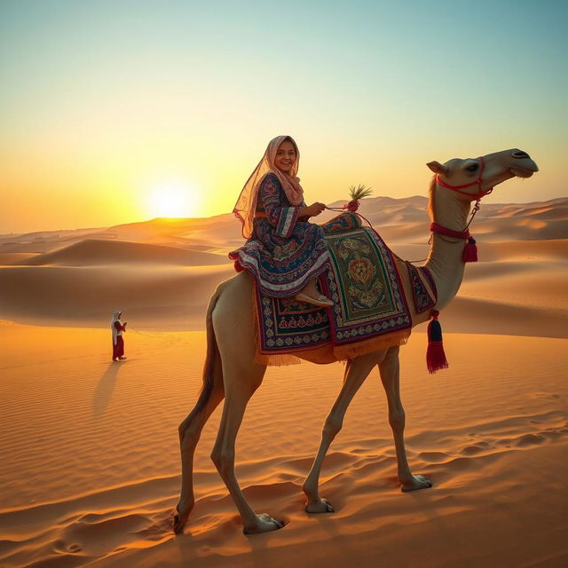 An Arab girl riding a camel on a journey through the vast desert landscape