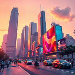 A vibrant, futuristic cityscape at sunset, showcasing towering skyscrapers made of glass and steel, reflecting the warm hues of the sunset—orange, pink, and purple