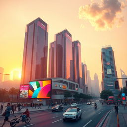 A vibrant, futuristic cityscape at sunset, showcasing towering skyscrapers made of glass and steel, reflecting the warm hues of the sunset—orange, pink, and purple