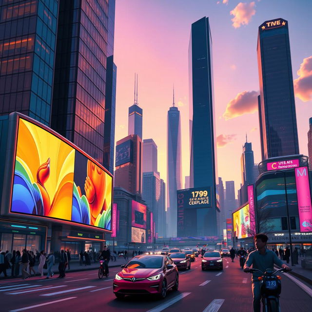 A vibrant, futuristic cityscape at sunset, showcasing towering skyscrapers made of glass and steel, reflecting the warm hues of the sunset—orange, pink, and purple