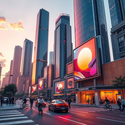 A vibrant, futuristic cityscape at sunset, showcasing towering skyscrapers made of glass and steel, reflecting the warm hues of the sunset—orange, pink, and purple