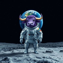 A whimsical purple bull wearing a shiny astronaut suit, standing proudly on the moon's surface