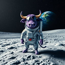 A whimsical purple bull wearing a shiny astronaut suit, standing proudly on the moon's surface