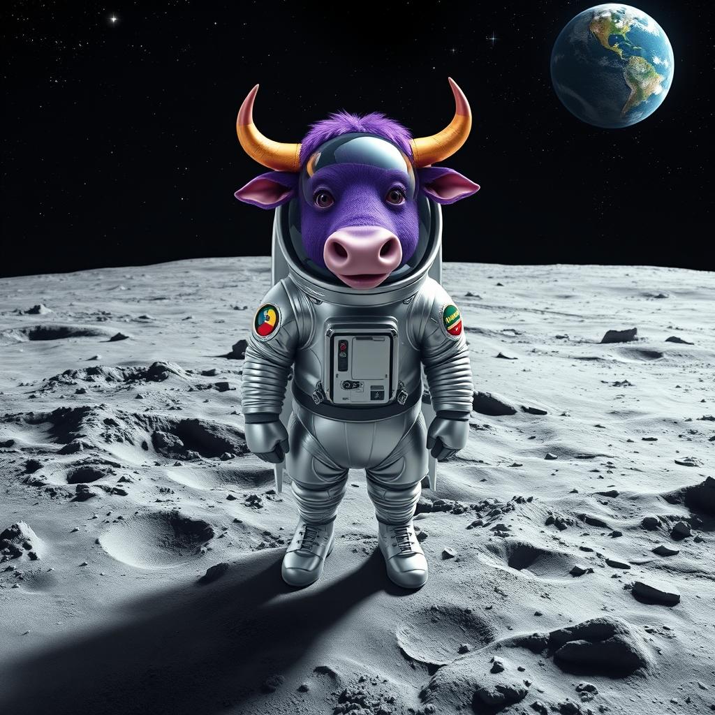 A whimsical purple bull wearing a shiny astronaut suit, standing proudly on the moon's surface