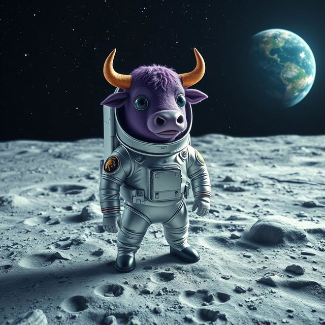 A whimsical purple bull wearing a shiny astronaut suit, standing proudly on the moon's surface