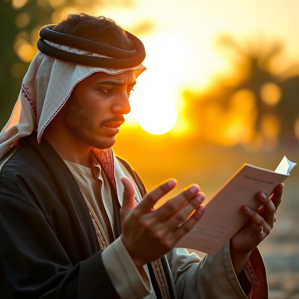 A young Arab man, visibly upset, reciting poetry with intense emotion