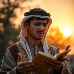 A young Arab man, visibly upset, reciting poetry with intense emotion