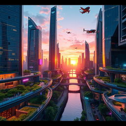 A stunning 3D rendering of a futuristic cityscape at sunset, featuring sleek skyscrapers with reflective glass surfaces, vibrant neon lights, and flying vehicles