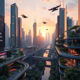 A stunning 3D rendering of a futuristic cityscape at sunset, featuring sleek skyscrapers with reflective glass surfaces, vibrant neon lights, and flying vehicles