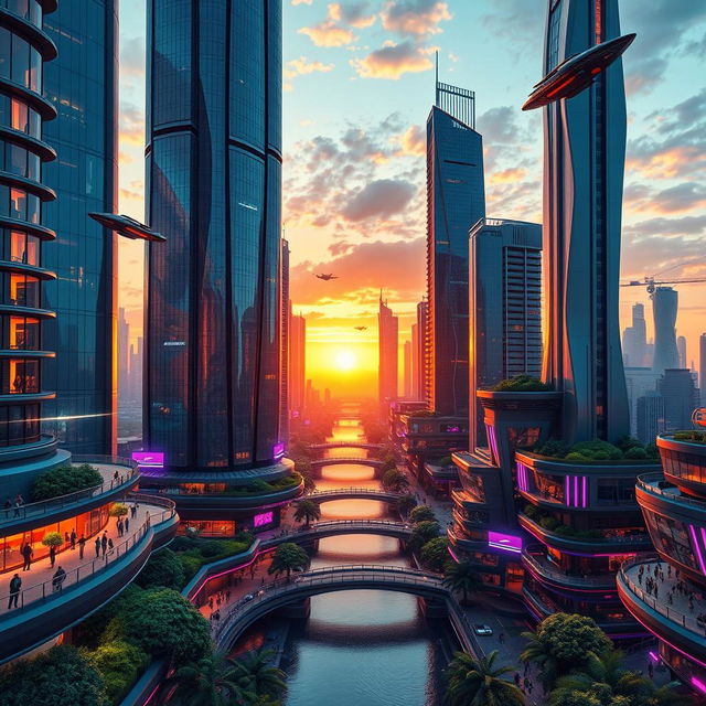 A stunning 3D rendering of a futuristic cityscape at sunset, featuring sleek skyscrapers with reflective glass surfaces, vibrant neon lights, and flying vehicles