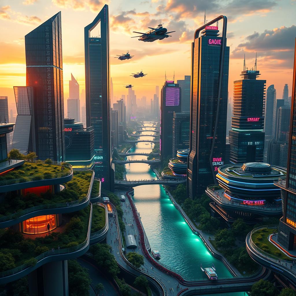 A stunning 3D rendering of a futuristic cityscape at sunset, featuring sleek skyscrapers with reflective glass surfaces, vibrant neon lights, and flying vehicles