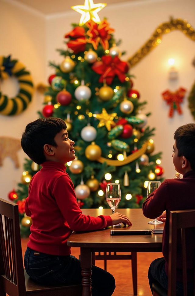 A joyful Christmas family portrait set in a festive living room