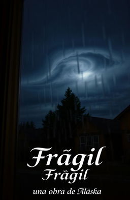 A window reflecting a rainy night, where swirling white clouds contrast against the dark sky above a street
