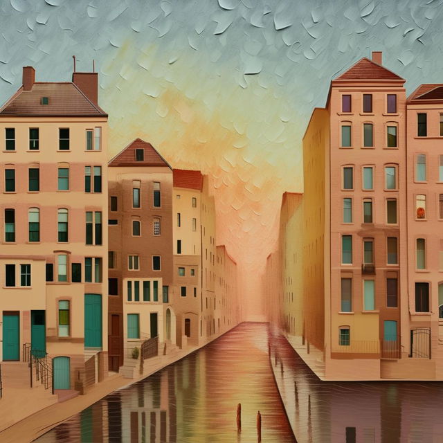 A cityscape painting in the style of Vincent Van Gogh, using soft pastel colours and reduced contrast