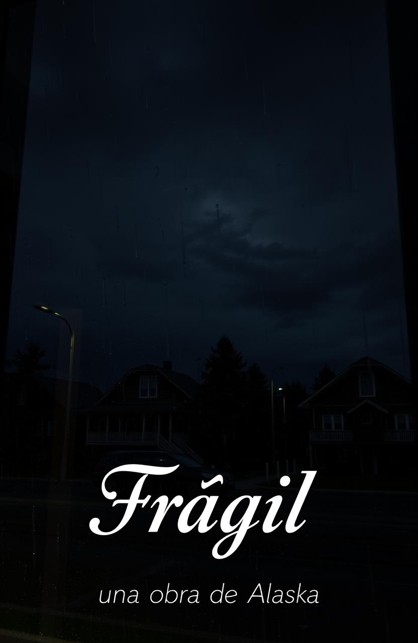 A window reflecting a rainy night, where swirling white clouds contrast against the dark sky above a street