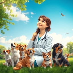 A compassionate veterinary doctor girl gazing thoughtfully at the sky, surrounded by a variety of dogs and cats, symbolizing her dedication to animal care