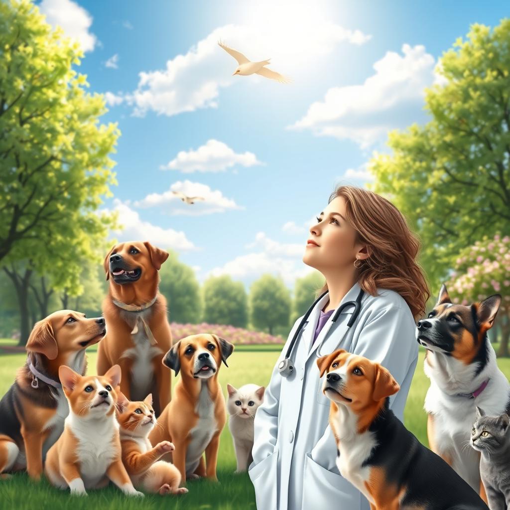 A compassionate veterinary doctor girl gazing thoughtfully at the sky, surrounded by a variety of dogs and cats, symbolizing her dedication to animal care