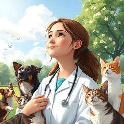 A compassionate veterinary doctor girl gazing thoughtfully at the sky, surrounded by a variety of dogs and cats, symbolizing her dedication to animal care