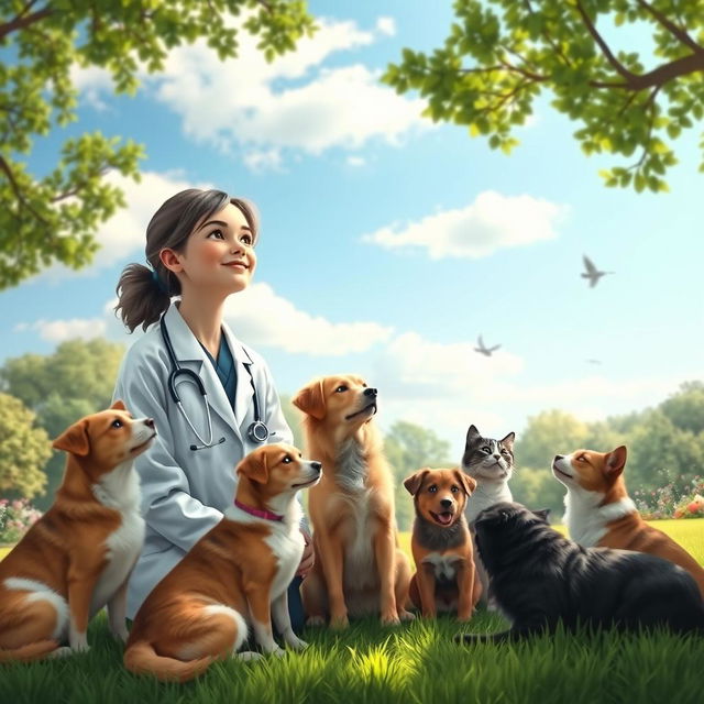 A compassionate veterinary doctor girl gazing thoughtfully at the sky, surrounded by a variety of dogs and cats, symbolizing her dedication to animal care