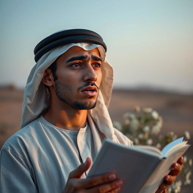 A young Arab man, looking visibly distressed, passionately reciting poetry