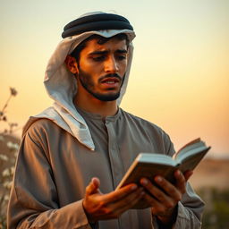 A young Arab man, looking visibly distressed, passionately reciting poetry