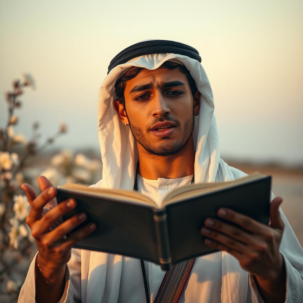 A young Arab man, looking visibly distressed, passionately reciting poetry