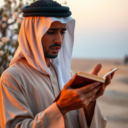 A young Arab man, looking visibly distressed, passionately reciting poetry