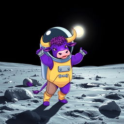 A vibrant purple bull dressed in a futuristic astronaut suit, exploring the desolate landscape of the moon